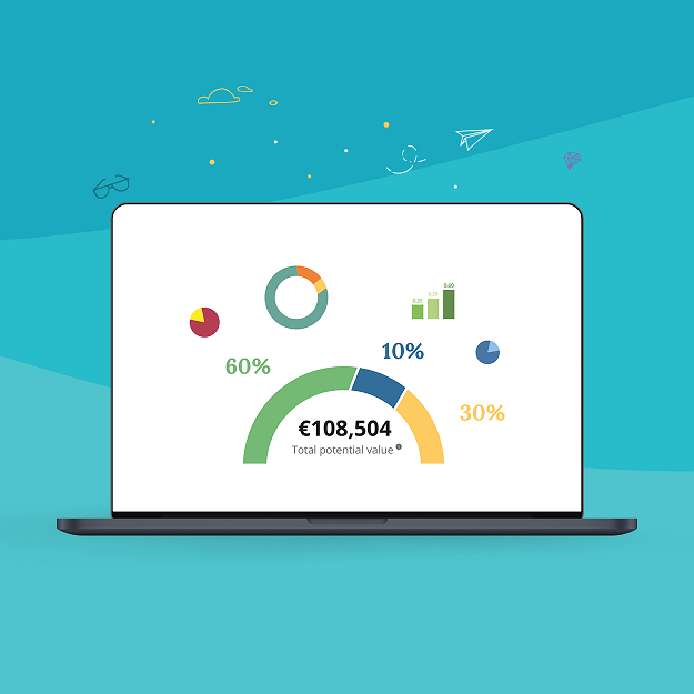Photo of a laptop screen with pie charts and graphs to a clean Cap Table on a blue background